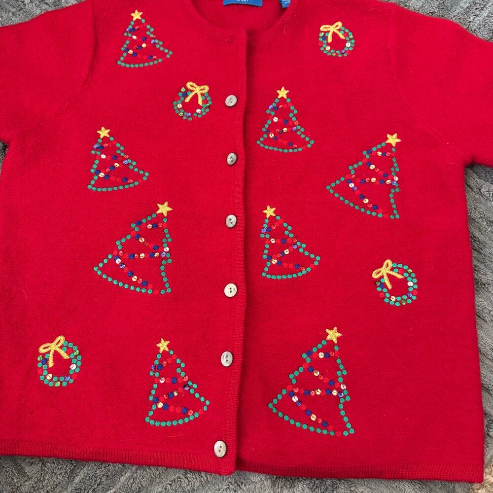 Wool Blend Red Sequin Christmas Novelty Vintage Holiday Sweater Cardigan 90’s - Picture 2 of 6